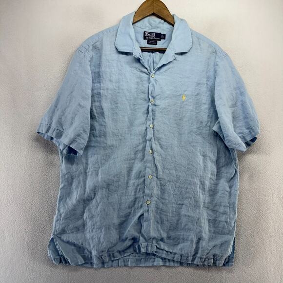 Vintage Ralph Lauren Shirt Men's large Linen Caldwell Loop Collar Camp Pony 90s - Picture 2 of 11